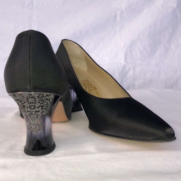 Salvatore Ferragamo “Boemia,” Black Silk Like Fabric, 2.75” Lucite Heel w/Lace - Picture 16 of 16